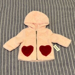 Old Navy Girl’s (12-18 month) Pink Faux Fur Hooded Jacket with Red Heart Pockets